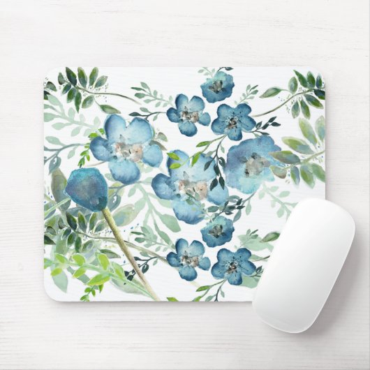Mooie Blauwe Elegant Waterverf Floral Greenery Muismat (Met muis)