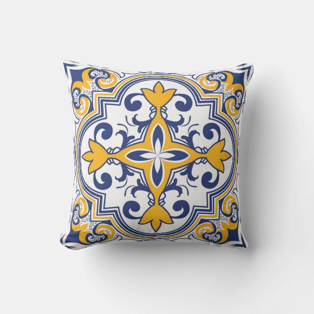💙💛 Mooie blauwe en gele Azulejos 9 Throw Pi Kussen (Voorkant)
