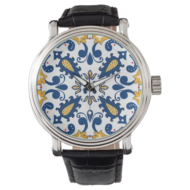 💙 mooie blauwe en gele Azulejos, Horloge (Voorkant)