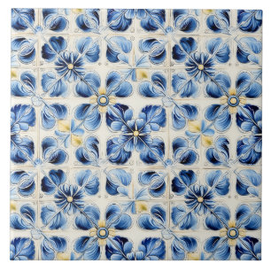 Mooie blauwe en gele bloemige vintage tegeltje