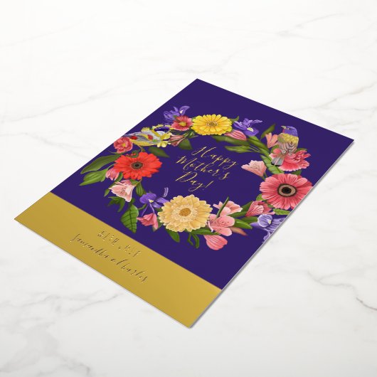 Mooie Blauwe en Gouden Bloemige Moederdag Folie  Folie Feestdagenkaart (Gedraaid)