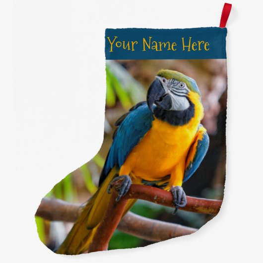 Mooie blauwe en gouden papegaai grote kerstsok (Achterkant)