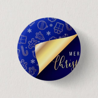 Mooie Blauwe en Gouden Vrolijke Kerstmis Ronde Button 3,2 Cm