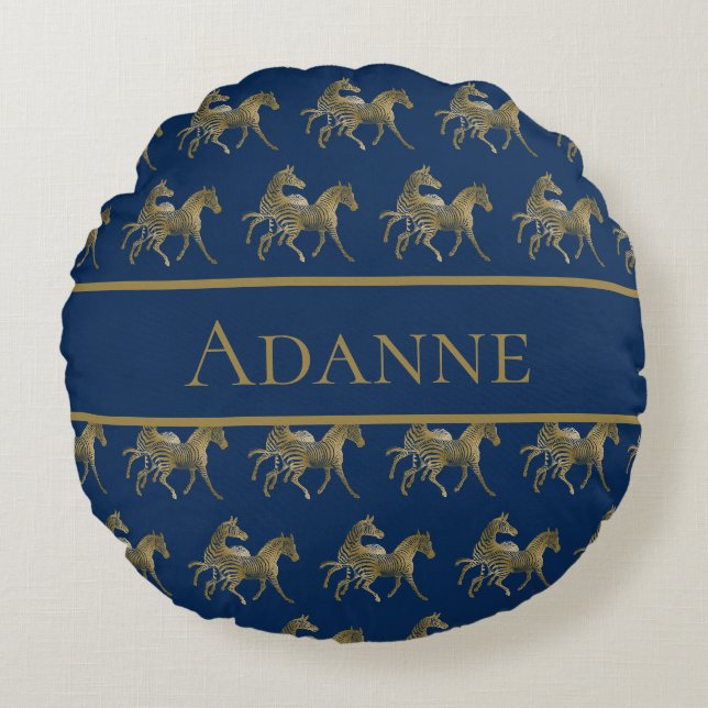 Mooie blauwe en gouden zebraprint rond kussen (Voorkant)