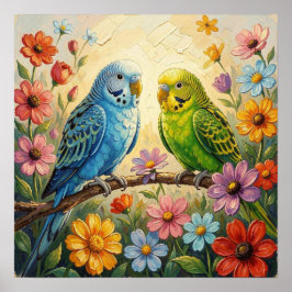 Mooie blauwe en groene parkieten poster