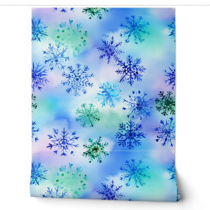 Mooie blauwe en groene vallende sneeuwvlokken behang