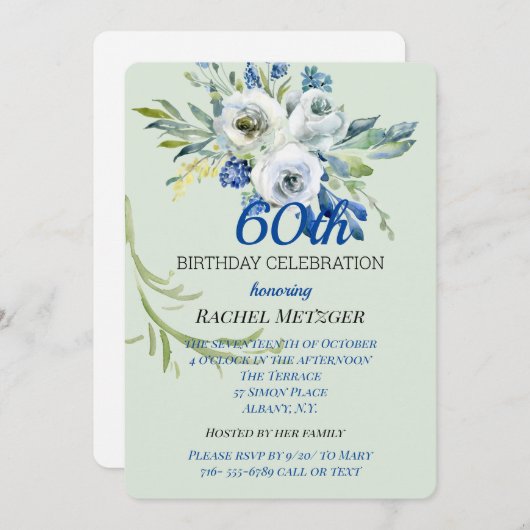 Mooie Blauwe en Mint Floral Birthday-uitnodiging Kaart (Voorkant / Achterkant)