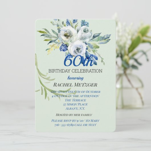 Mooie Blauwe en Mint Floral Birthday-uitnodiging Kaart (Staand voorkant)