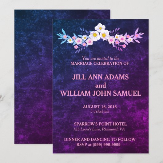 Mooie Blauwe en Paarse Bruiloft Kaart (Voorkant / Achterkant)