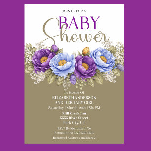 Mooie Blauwe en Paarse Pioen Meisje Baby Shower Kaart