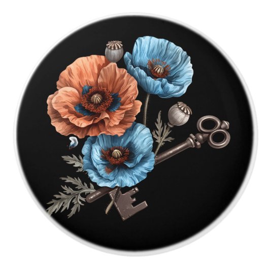Mooie blauwe en rode papavers met sleutels keramische knop (Voorkant)