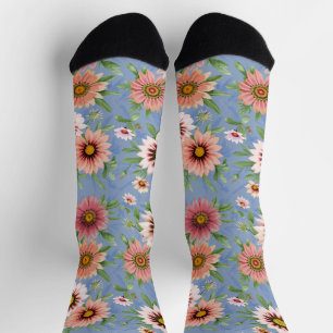 Mooie blauwe en roze margriet bloemenprint sokken