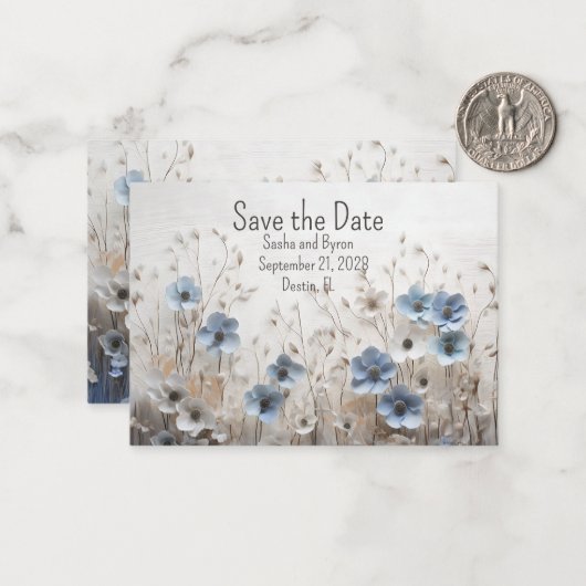 Mooie Blauwe en Witte 3D Bloementuin Bruiloft Notitiekaartje (Voorkant / Achterkant in situ)