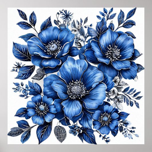 Mooie blauwe en witte bloemschikking poster (Voorkant)