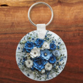 Mooie blauwe en witte bloemschikking sleutelhanger (Achterkant)