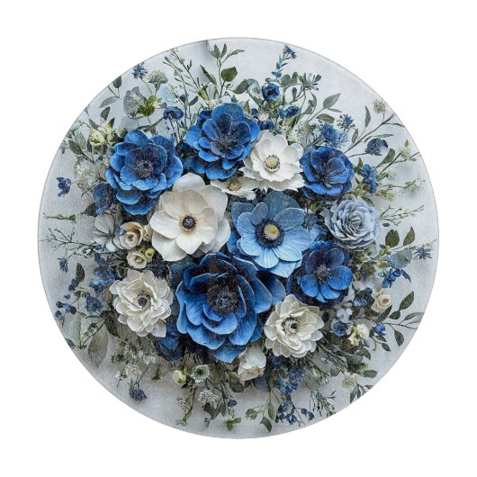 Mooie Blauwe en Witte Bloemstuk Snijplank (Voorkant)
