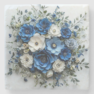Mooie Blauwe en Witte Bloemstuk Stenen Onderzetter