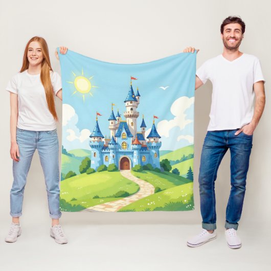Mooie blauwe en witte kasteel fleece deken (In situ)