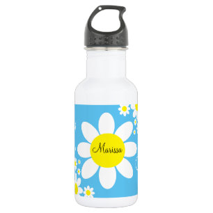 Mooie blauwe en witte madeliefjes bloemmotief met waterfles