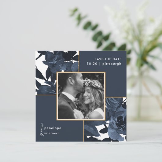 Mooie Blauwe Floral Foto's die de datum opslaan Save The Date (Staand voorkant)