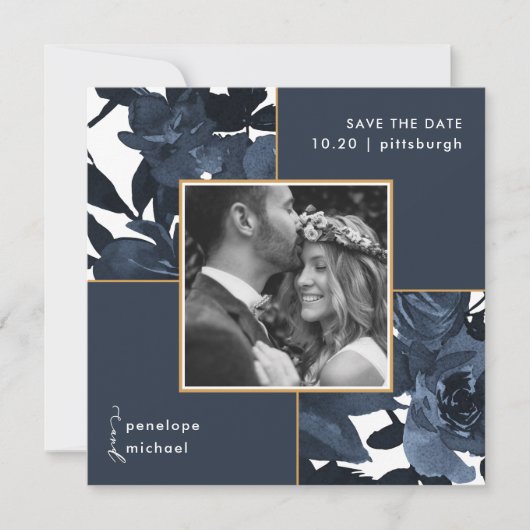 Mooie Blauwe Floral Foto's die de datum opslaan Save The Date (Voorkant)