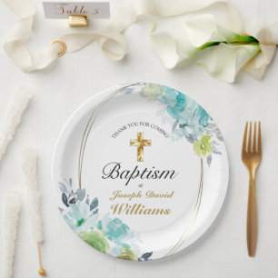 Mooie Blauwe Floral Golden Cross Baby Baptisme Papieren Bordje
