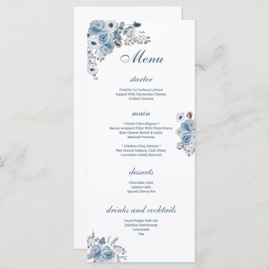 Mooie Blauwe Floral Menu (Voorkant / Achterkant)