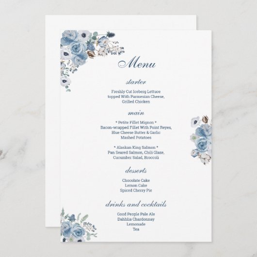 Mooie Blauwe Floral Menu (Voorkant / Achterkant)
