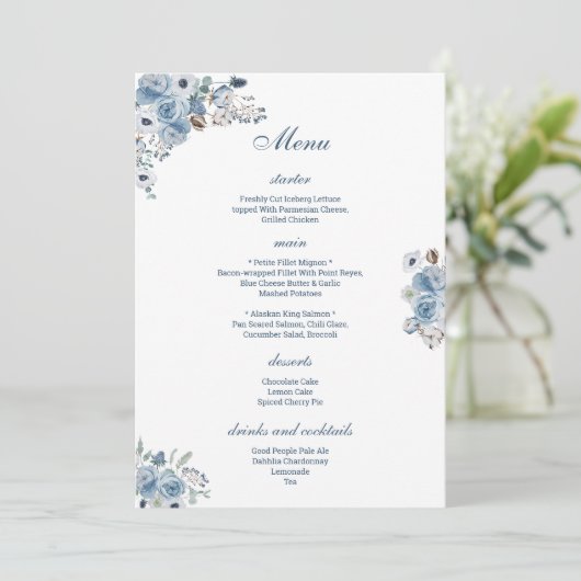 Mooie Blauwe Floral Menu (Staand voorkant)