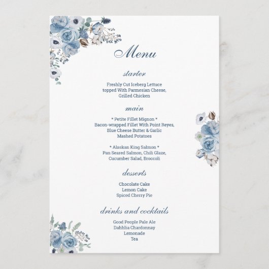 Mooie Blauwe Floral Menu (Voorkant)