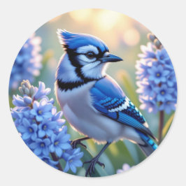 Mooie Blauwe Gaai en Sering AI-illustratie Ronde Sticker