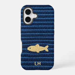 Mooie Blauwe Gehaakte Vis Garens Aangepaste Naam iPhone 16 Hoesje