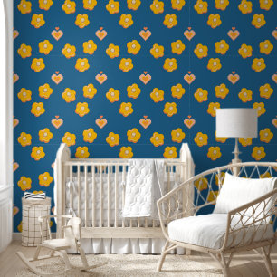 Mooie Blauwe Gele Bloemen en Harten Bloemstuk Thui Behang