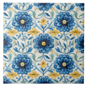 Mooie Blauwe & Gele Bloemige Vintage Tegeltje