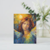 Mooie blauwe gele engel gloeit briefkaart (Staand voorkant)