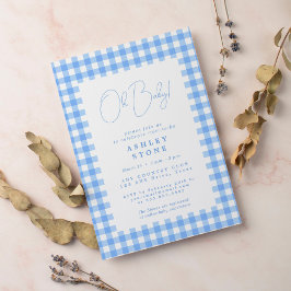 Mooie blauwe geruite eenvoudige babyshower uitnodi kaart