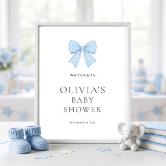 Mooie Blauwe Gingham Strik Welkom Baby Borrel Poster