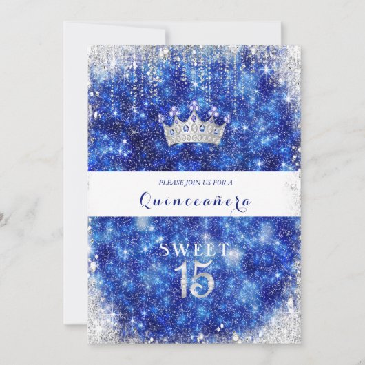 Mooie Blauwe Glitter Quinceanera Kroon Kaart (Voorkant)