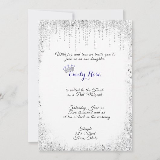 Mooie Blauwe Glitter Quinceanera Kroon Kaart (Achterkant)