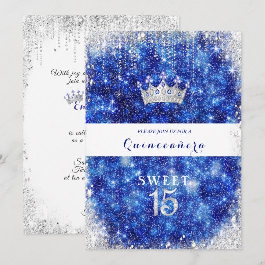 Mooie Blauwe Glitter Quinceanera Kroon Kaart (Voorkant / Achterkant)