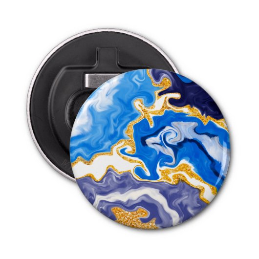 Mooie Blauwe, gouden en witte zwembroeken als wate Button Flesopener (Voorkant)