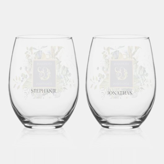 Mooie Blauwe & Groene Botanische Bruiloft Wijnglas Zonder Voet (Achterkant)