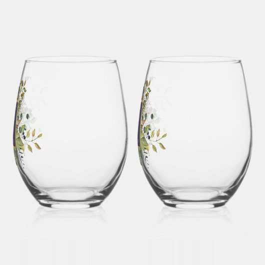 Mooie Blauwe & Groene Botanische Bruiloft Wijnglas Zonder Voet (Links)