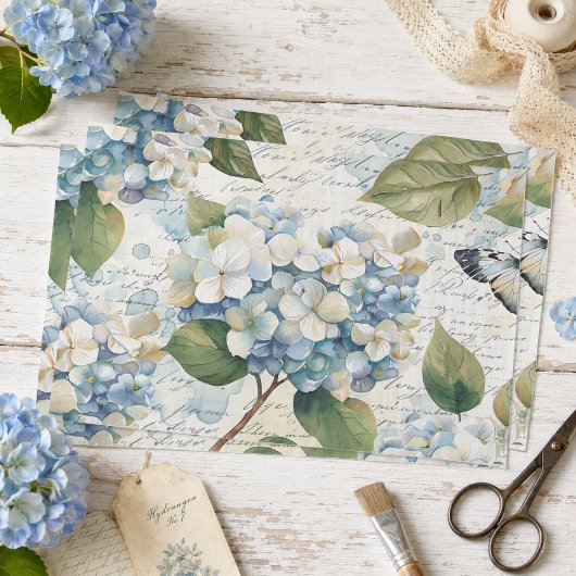 Mooie Blauwe Hortensia Ephémère Script Decoupage Tissuepapier