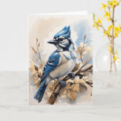 Mooie blauwe Jay Zittend in boombladeren Blank Kaart (Gele Bloem)