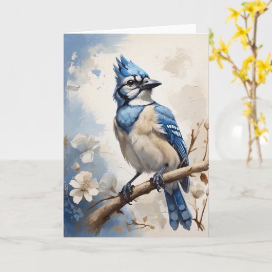 Mooie blauwe Jay Zittend op Boom Bloemen Blank Kaart (Gele Bloem)