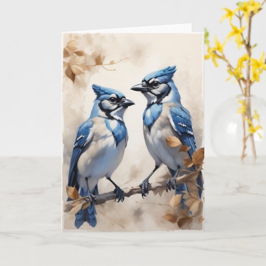 Mooie Blauwe Jays Zittend op Boomledemaat Blank Kaart (Gele Bloem)