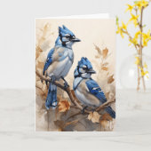 Mooie Blauwe Jays Zittend op Boomtak Blank Kaart (Gele Bloem)