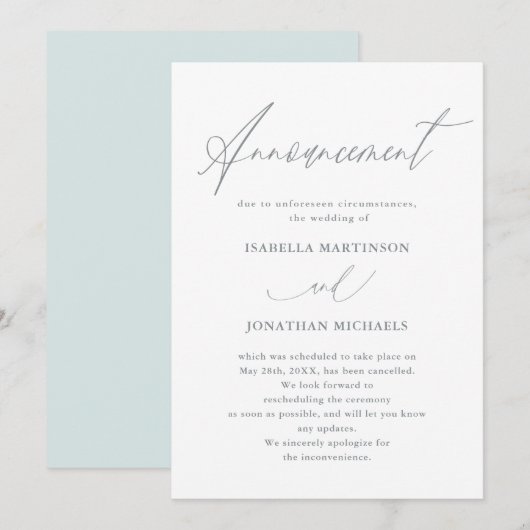 Mooie Blauwe Kalligrafie Bruiloft Annulering Kaart (Voorkant / Achterkant)