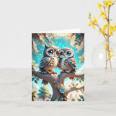 Mooie Blauwe Kawaii Chibi Uilen Lege Wenskaart  Kaart (Gele Bloem)